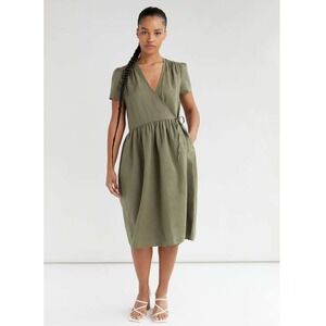 Oak + Fort Olive‎ Green Linen Blend Wrap Midi Dress Short Sleeve Pockets XS